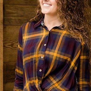 Hem & Thread Women’s Purple Yellow Long Sleeve Button Down Cotton Shirt M